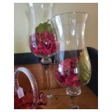 Set of 7 Cranberry Glass Pitchers, Basket, Bowls, and Hurricane Vases