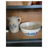 Marshall Pottery Stoneware Pitcher and Mixing Bowl with Blue Floral Design