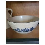 Marshall Pottery Stoneware Pitcher and Mixing Bowl with Blue Floral Design