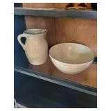 Marshall Pottery Stoneware Pitcher and Mixing Bowl with Blue Floral Design