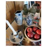 Collection of Miniature Stoneware Pottery with Blue Designs and Fruit Accents