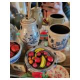 Collection of Miniature Stoneware Pottery with Blue Designs and Fruit Accents