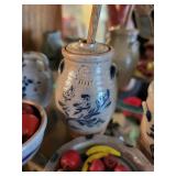 Collection of Miniature Stoneware Pottery with Blue Designs and Fruit Accents