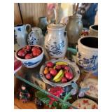 Collection of Miniature Stoneware Pottery with Blue Designs and Fruit Accents