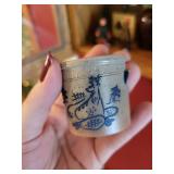 Collection of Miniature Stoneware Pottery with Blue Designs and Fruit Accents