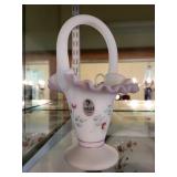 Fenton Hand-Painted Satin Glass Basket with Floral Design