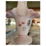 Fenton Hand-Painted Satin Glass Basket with Floral Design