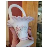 Fenton Hand-Painted Satin Glass Basket with Floral Design