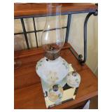 Vintage Frosted Glass Oil Lamp with Hand-Painted Florals and Shaker Set