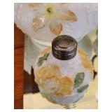 Vintage Frosted Glass Oil Lamp with Hand-Painted Florals and Shaker Set