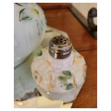 Vintage Frosted Glass Oil Lamp with Hand-Painted Florals and Shaker Set