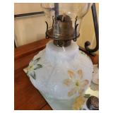 Vintage Frosted Glass Oil Lamp with Hand-Painted Florals and Shaker Set