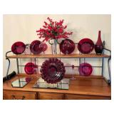 Collection of Red Art Glass Decor Pieces with Plates, Vases, and Candle Holder