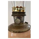 Aladdin Mantle Lamp Peach Glass with Tall Chimney & White Crackle Vase