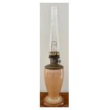 Aladdin Mantle Lamp Peach Glass with Tall Chimney & White Crackle Vase