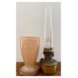 Aladdin Mantle Lamp Peach Glass with Tall Chimney & White Crackle Vase