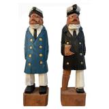 Vintage Hand-Carved Wooden Sailor & Sea Captain Figures - 8 in Tall (Pair)