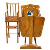 Vintage Wooden Rocker & High Chair Set With Painted Back Panel