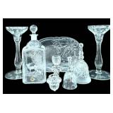 Crystal Glass Christmas Tray Set with Bells & Candle Holders - 7-Piece (Largest 9-Inch Holder)