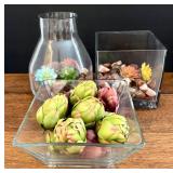 Glass Decorative Vases with Faux Artichokes, Rocks & Flowers - Set of 3