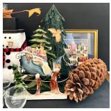 Stuffed Angel 16-inch Tall Christmas Decor Lot - Snowman, Santa, Pine Cones, Glassware