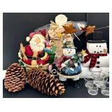 Stuffed Angel 16-inch Tall Christmas Decor Lot - Snowman, Santa, Pine Cones, Glassware