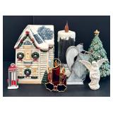Avon Porcelain Christmas Tree with Star Top - World Bazaar Cookie Jar & Angel Figurines - Holiday Decor Lot
