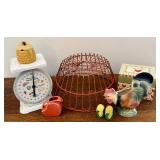 Wire Basket Rustic Kitchen Decor w/ Vintage Scale, Rooster & Honey Jar