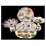 Vintage Floral Porcelain Dinnerware Set - Gold Trim - 12-Inch Platter + Pedestal Compote & Matching Plates