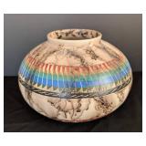 ML - Vintage Navajo Pottery Etched Horsehair Vase, Signed