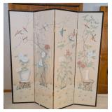 LB - 4-Panel Folding Privacy Screen - Floral Bird Design, Damaged Paper