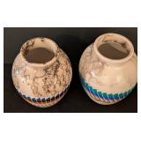 LLR - Pair of Horsehair Pottery - Multicolor Stripe Band, Signed