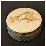 LR - German Silver Tobacco Tin - Ornate Engraved Pattern w Rider Relief