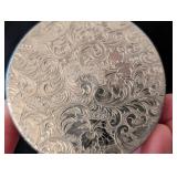 LR - German Silver Tobacco Tin - Ornate Engraved Pattern w Rider Relief