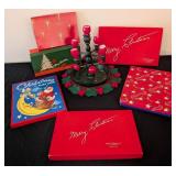 LS - John W. Thomas & Co. Vintage Christmas Boxes & Candleholder - 13 in high, 9 in diameter