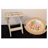 LB - Vintage Rosemaling Side Table with 2 Drawers and Vintage Metal Oval Fruit Tray