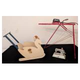 LS - Sew Master Mini Sewing Machine Toy, Vintage Wooden Rocking Horse & Red Ironing Board - Lot