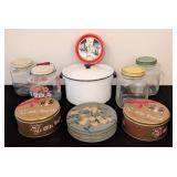 LS - Vintage Glass Jars with Floral Decals, Enamel Stock Pot & Fruit Cake Tins