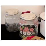 LS - Vintage Glass Jars with Floral Decals, Enamel Stock Pot & Fruit Cake Tins