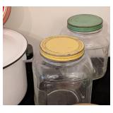 LS - Vintage Glass Jars with Floral Decals, Enamel Stock Pot & Fruit Cake Tins