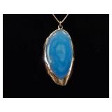.925 Sterling Silver Gold Trimmed Blue Agate Geode Pendant Vermeil Necklace