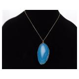 .925 Sterling Silver Gold Trimmed Blue Agate Geode Pendant Vermeil Necklace