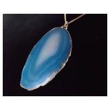 .925 Sterling Silver Gold Trimmed Blue Agate Geode Pendant Vermeil Necklace