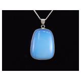 .925 Sterling Silver Larger Opalite Glass Cabochon Pendant Necklace