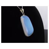 .925 Sterling Silver Larger Opalite Glass Cabochon Pendant Necklace