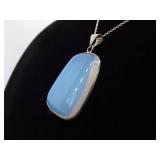 .925 Sterling Silver Larger Opalite Glass Cabochon Pendant Necklace