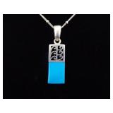 .925 Sterling Silver Inlayed Sleeping Beauty Blue Turquoise Cabochon Pendant Necklace