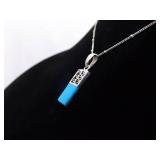.925 Sterling Silver Inlayed Sleeping Beauty Blue Turquoise Cabochon Pendant Necklace