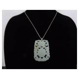 .925 Sterling Silver LARGE Hand Carved Asian Nephrite Stone Pendant Necklace