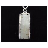 .925 Sterling Silver Hand Carved Primitive Asian Nephrite Stone Amulet Pendant Necklace